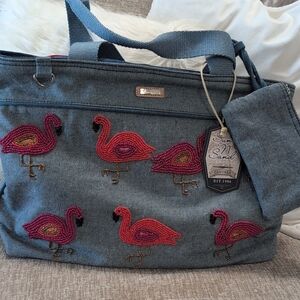 Sun N Sand Flamingo Embroidered Denim Tote Brand New